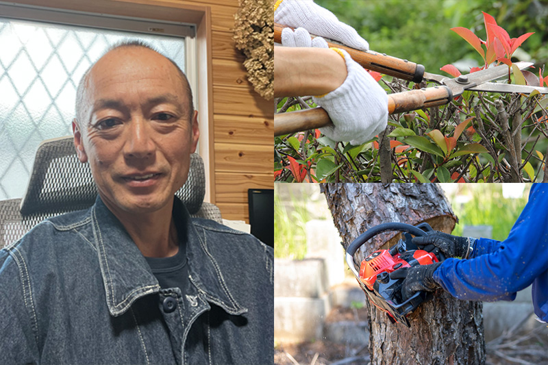 造園職人が庭木の剪定を行っている様子